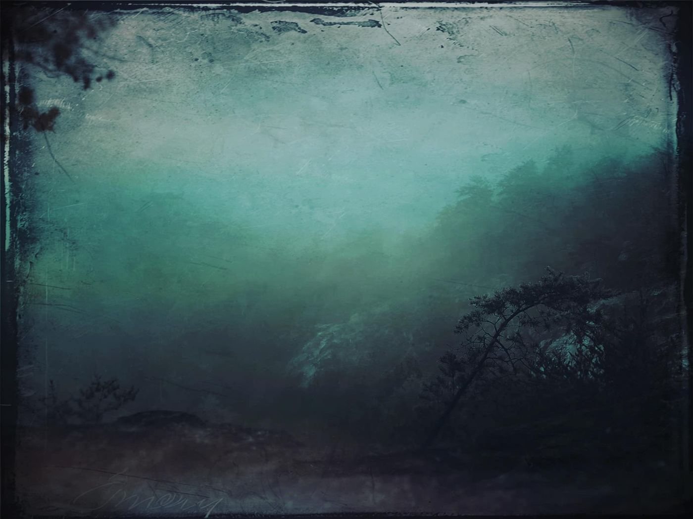 A teal mist over a dark hillside